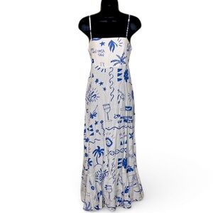 NWT Paper Heart Anthropologie Blue & White Vino Open Tie Back Maxi Dress Size XS